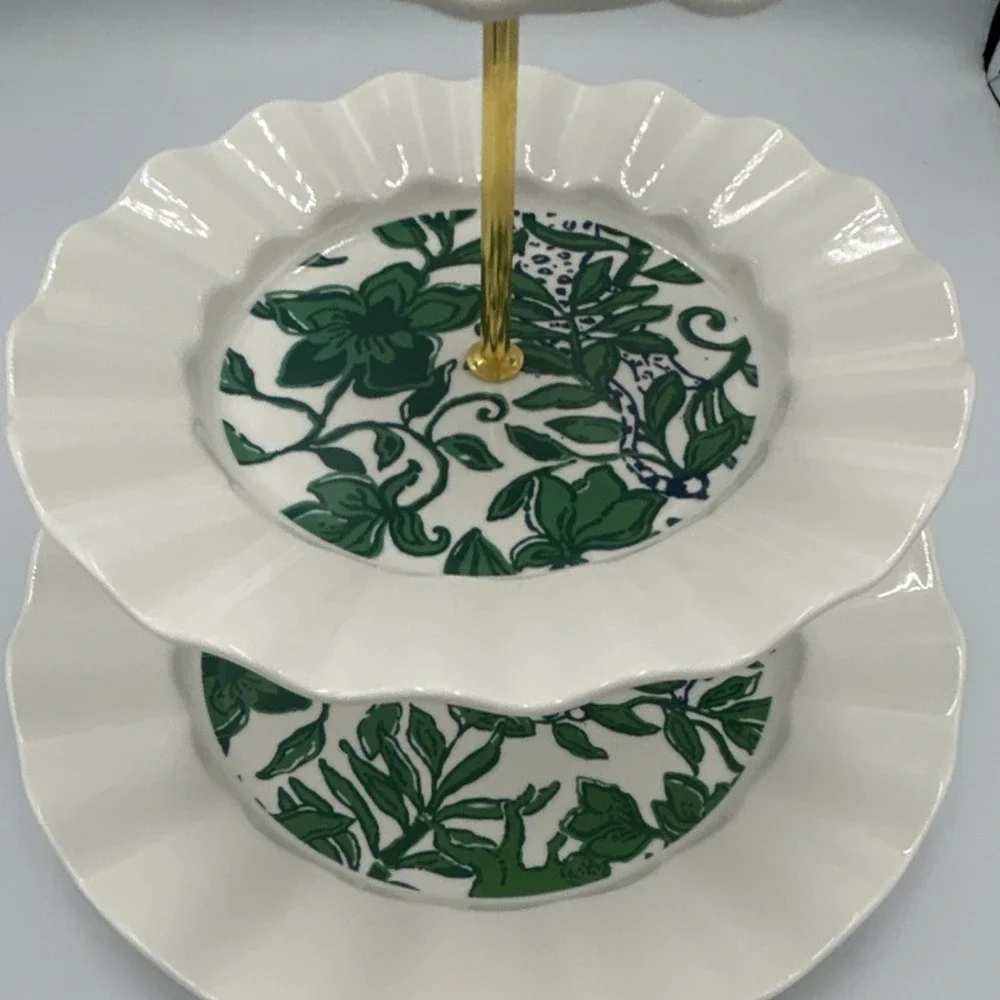 Lilly Pulitzer Three-Tier Ceramic Cake Stand, Green Pattern, Gold Handle, Round